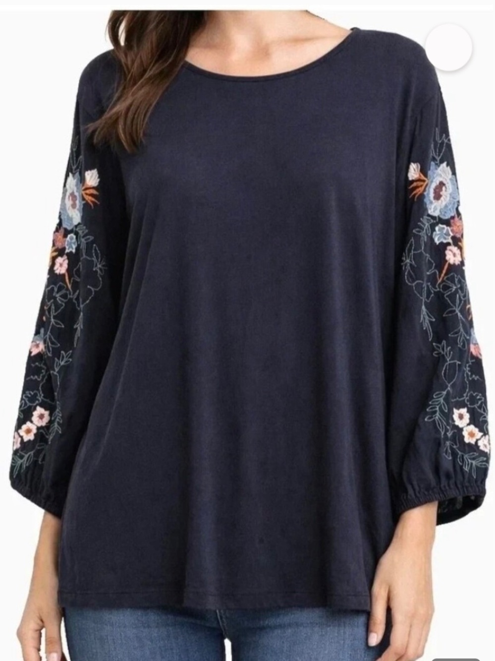 J Jill Embroidered Floral cottagecore Top Navy Blue Cotton Blnd Balloon Sleeve M